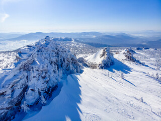 Landscape winter forest on mountain Mustag Kemerovo region Russia