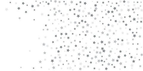 Silver star confetti. Falling stars on a white background. Illustration of flying shining stars. Decorative element. Suitable for your design, postcards, invitations, gift, vip.