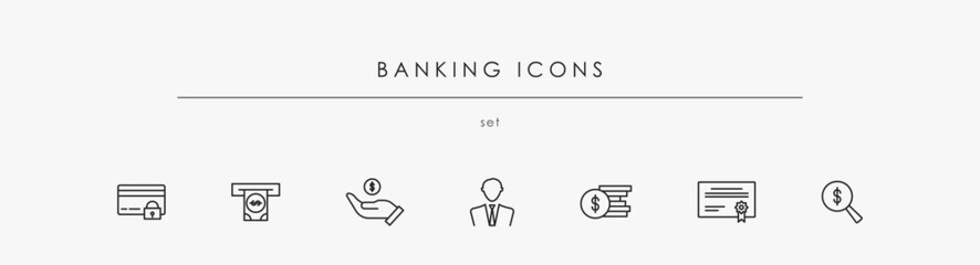 Banking linear vector icon set. Banking symbols collection with black outline isolated on white background. Cash and money flat icon set with thin outlines for commerce and investment