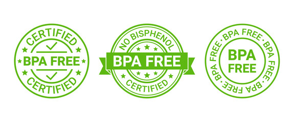 BPA free icon stamp. Non toxic plastic round labels. No bisphenol badges. Stickers for eco package. Seal imprints isolated on white background. Set retro green emblems. Vector illustration.