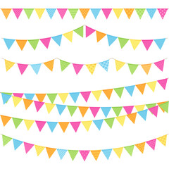 Bunting flags. Festive garland with triangular pennants. Flat design. Decoration elements for birthday party. Outdoor festival decor. Outside hanging adornment with textures. Vector color illustration