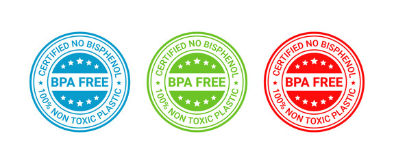 Obraz premium BPA free stamp icon. Non toxic plastic badge. No bisphenol label. Seal imprints for eco package. Round stickers isolated on white background. Set retro emblems. Vector illustration.