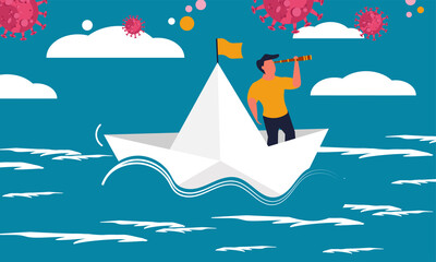 Sea paper ship with man leader. Follow boss with strategy and direction success vector illustration concept. Global business risk and  economic crisis. Investor loss market and financial problem.