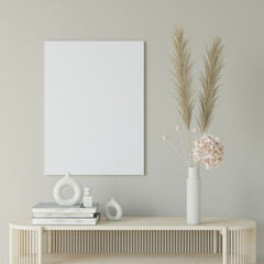 Bright Interior Mock Up , Scandinavian Home Decor With Empty Poster Frame , 3D Rendering