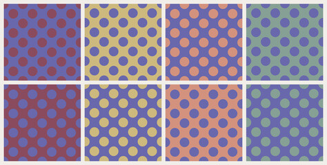 Seamless big polka dot pattern background set. Color trend of the year 2022 very peri. Design texture elements for fabric, tile, banner, template, card, poster, backdrop, wall. Vector illustration.