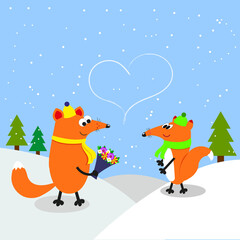 Obraz premium Romantic greeting card with funny foxes