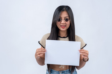 Fototapeta premium woman holding white paper and blank space for testing covid-19 virus protection concept