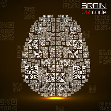 QR code brain. Silhouette human brain with qr code. Technology concept. Vector illustration