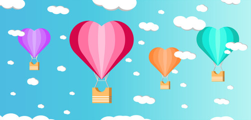 Air balloon in shape of colorful hearts. Flat design for valentine's day vector illustration