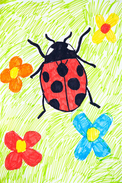 Ladybug on green grass. Like kids drawn flat doodle simple image. Watercolor hand drawing, child painting