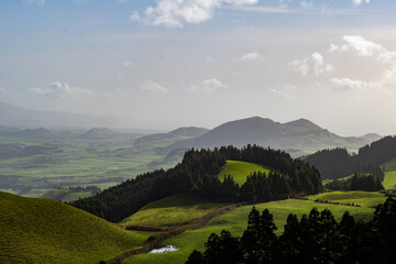 landscape with clouds in mountains and hills of Sao Miguel the Azores, Portugal