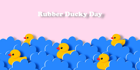 Holiday National Rubber Duck Day. Yellow cute ducklings have a water race in paper cut style. Water birds. Vector