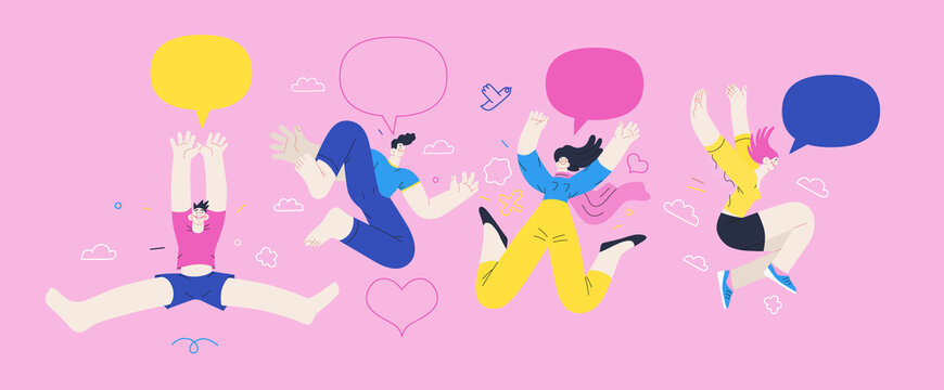 Happiness - happy young man and woman jumping in the air cheerfully. Modern flat vector concept illustration of a happy jumping and dancing person. Feeling and emotion concept.