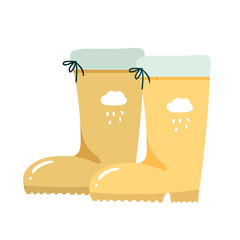 Yellow rubber boots for garden work in garden beds walks in puddles. flat Vector hand-drawn illustration.