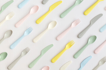 Food plastic cutlery on white background. Concept of Recycling plastic and ecology.
