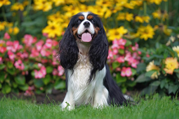 Adorable tricolor Cavalier King Charles Spaniel dog posing outdoors sitting on a green grass near a...