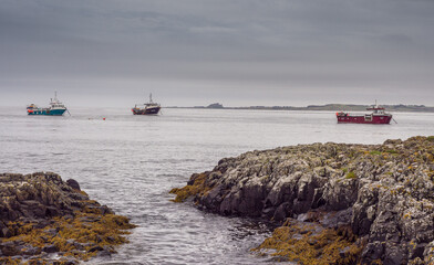 Fishing boats moored out at sea off the coast at Lindisfarne, Holy Island, Northumberland, UK