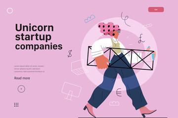 Startup illustration, website landing template Flat line vector modern concept illustration, startup metaphor. Concept of building new business, strategy, company processes. Unicorn startup companies