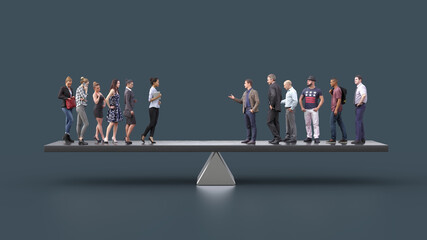 gender balance, two groups of people on the scales  - obrazy, fototapety, plakaty