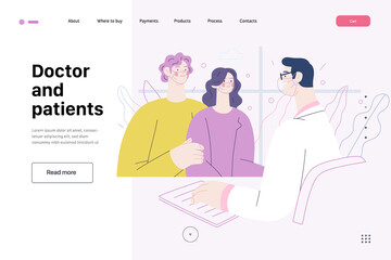 Doctor and patients -medical insurance web template - modern flat vector concept digital illustration. A male family doctor is talking friendly to a young couple, in the medical office