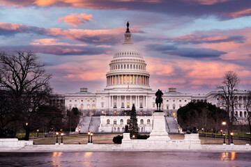 View of the United States Capitol Building with colorful sunset sky