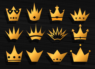 Vector collection of creative king and queen crowns symbols or logo elements. Set of Geometric vintage crown