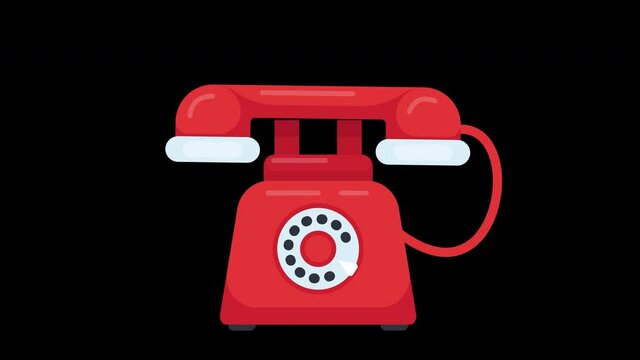 Animation of ringing old fashioned red telephone. Vibrating rotary telephone with transparent background.