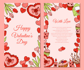 Naklejka premium Two side Valentines day vertical greeting card with hand drawn elements. Vector illustration