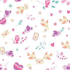 Valentine's Day object about love and romance -  cute birds with love letters, hearts and flowers. For wrapping paper, cards, backgrounds, postcards, congratulations, print.