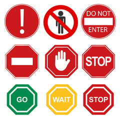 Stop signs collection in red and white, traffic sign to notify drivers and provide safe and orderly street operation. Vector flat style illustration isolated on white background