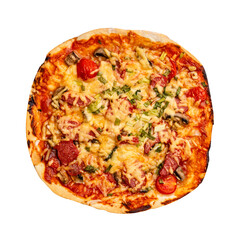 Pizza with cheese and pepperoni, on a white background, top view. Food, fast food