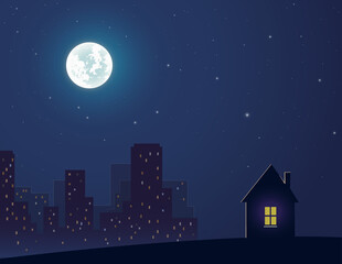 Home. Suburbia. Silhouette Lonely house on a hill against the background of a night city. Illuminated bylight of the full moon. Sky full of stars. Suburb. Suburban area. Uptown. Light in window.