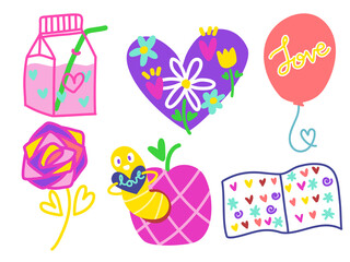 Cute hand drawn doodle sticker element in theme of love, romance , Valentine's day. Vivid tone color isolated on white background.