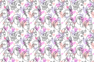 beautiful line art surreal abstract men and women face decorated in seamless pattern style. conceptual of people in love Valentine's day background