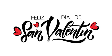 Hand sketched Happy Valentines Day text in spanish with hearts. Valentines Day typography. Hand drawn lettering for Valentines Day card template. St. Valentines Day banner, flyer. Romantic lettering