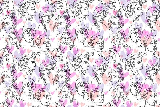 beautiful line art surreal abstract men and women face decorated in seamless pattern style. conceptual of people in love Valentine's day background