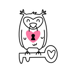 A cute valentine owl holds a heart shaped padlock and seats on the key.