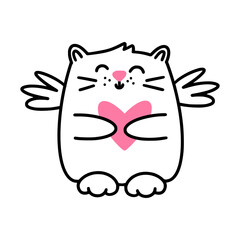 A cute valentine cupid cat holds a heart symbol in paws.