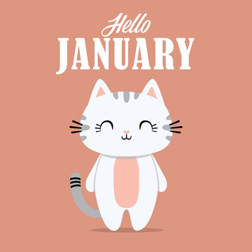 Hello January, a greeting card with a cute and adorable cat animal image, on a plain colored background that is suitable for template designs, invitations, and other design needs.