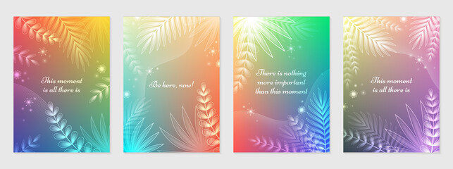 Vector set of bright gradient covers with palm leaves and shiny plants. Design of flyers, banners, card, posters for products of yoga, mental health, meditation, enjoy and concept with positive vibes.