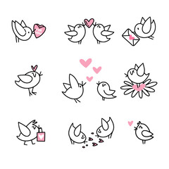 Set of valentine birds, loving, singing, kissing, bringing love message and gifts.