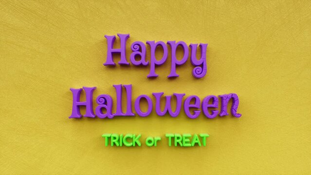 Happy Halloween text inscription, horror festival and october scary night party holiday concept, yellow spooky decorative animated lettering, 3d render of festive greeting card motion background