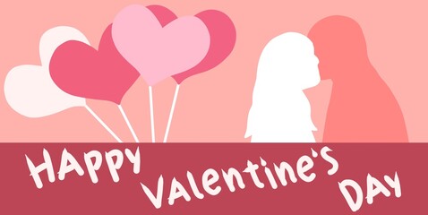 Happy Valentine's Day with couple silhouette heart balloons pink background