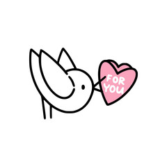 An icon of cute little bird with heart-shaped valentine in it’s beak.