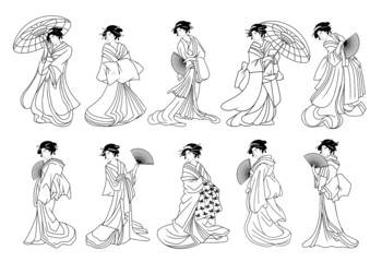 Set of outline of japanese geisha with traditional clothes Vector - obrazy, fototapety, plakaty
