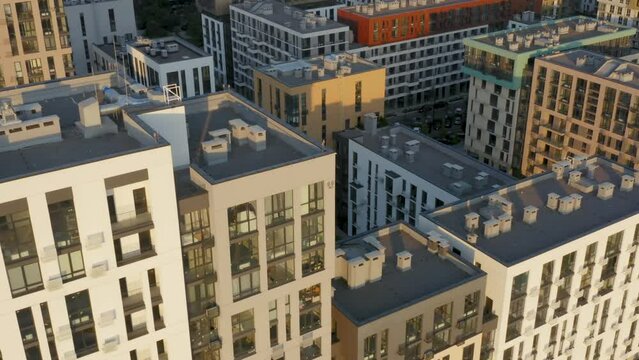 Aerial view of a new modern multi-storey apartment buildings in a residential area (dormitory district). 