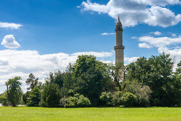 Obraz premium Minaret-observation tower in Moorish revival architecture style in Lednice-Valtice complex under reconstruction.