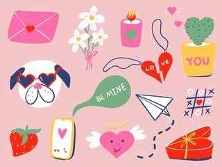 Cute valentines day stickers for planner, love letter or diary. Valentines day illustration in cute trendy style. Design elements for romantic concept. 