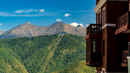 Sochi, Krasnaya Polyana, Russia - September 2021: panorama of the mountain peaks