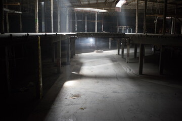 Abandoned shopping mall. Dark urban environment. Large scary place. destruction
